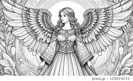 美しい翼を広げている天使の塗り絵 美しい翼を広げている天使の塗り絵 129814231