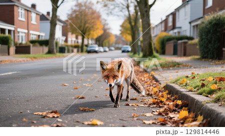 Red fox walking along quiet suburban street covered with fallen autumn leaves on a peaceful fall day in the neighborhood. 129814446