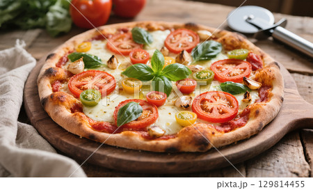 Freshly baked pizza with tomatoes, basil, garlic and melted cheese served on wooden board in rustic kitchen setting. Freshly baked pizza with tomatoes, basil, garlic and melted cheese served on wooden board in rustic kitchen setting. 129814455