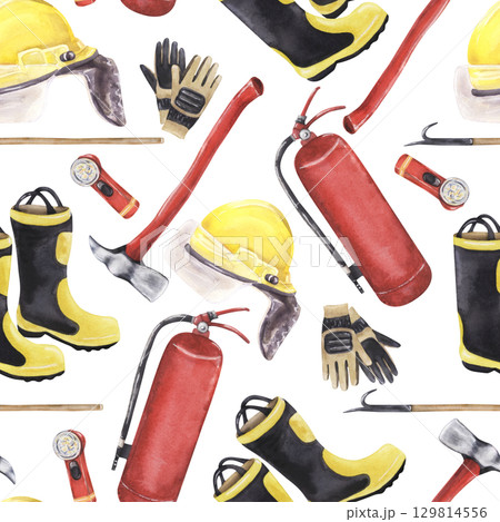 Watercolor seamless pattern with firefighter equipment on white background 129814556