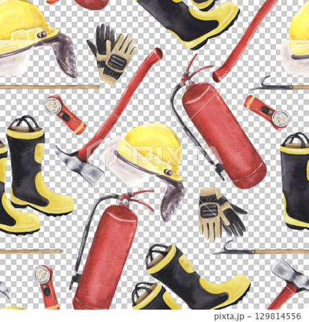 Watercolor seamless pattern with firefighter equipment on white background 129814556