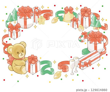 クリスマス プレゼント 飾り 手描き 水彩 フレーム あしらい かわいい 背景 イラスト素材 クリスマス プレゼント 飾り 手描き 水彩 フレーム あしらい かわいい 背景 イラスト素材 129814860
