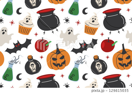 Seamless Halloween pattern in bright doodle style. Pumpkins with carved faces, jack o lanterns, witch cauldrons, bats, ghosts, poison bottles, spooky symbols, festive design for holiday decoration 129815035