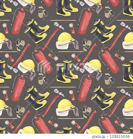 Watercolor seamless pattern with firefighter equipment on dark background 129815036