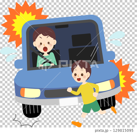 飛び出し注意　車　男性　子ども 129815095