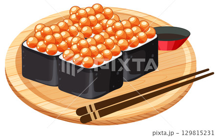 Salmon Roe Sushi on Wooden Platter with Chopsticks 129815231