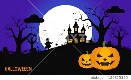 《AI画像》ハロウィンイメージ 満月とお化けカボチャ 129815330