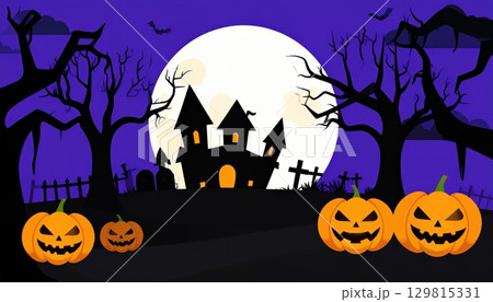 《AI画像》ハロウィンイメージ 満月とお化けカボチャ 129815331
