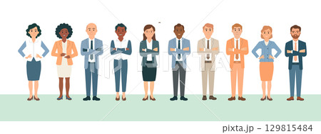 Diverse Team of Professionals: A diverse group of confident business professionals stands united, showcasing inclusivity and strength in a vibrant illustration. This image emphasizes collaboration.	 129815484