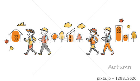 秋にウォーキングをする男女のベクターイラスト 129815620