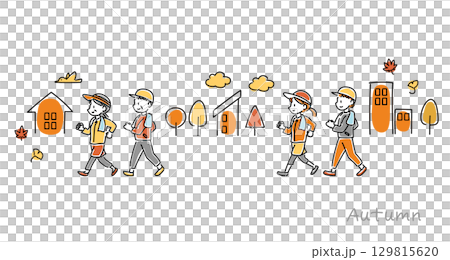 秋にウォーキングをする男女のベクターイラスト 129815620
