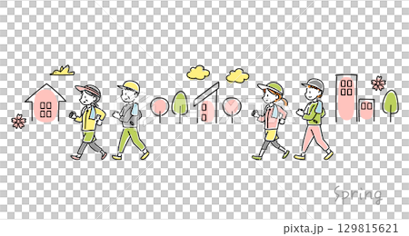 春にウォーキングをする男女のベクターイラスト 129815621