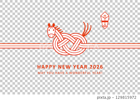 2026年賀状デザイン かわいい馬の水引風 2026年賀状デザイン かわいい馬の水引風 129815972
