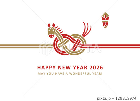 2026年賀状デザイン　おしゃれな赤と金の馬の水引風 129815974