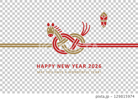 2026年賀状デザイン　おしゃれな赤と金の馬の水引風 129815974