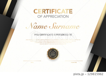 Modern certificate of appreciation template with elegant gold and black design, premium quality badge, customizable name and signature area, perfect for awards, achievement or recognition. Modern certificate of appreciation template with elegant gold and black design, premium quality badge, customizable name and signature area, perfect for awards, achievement or recognition. 129815982