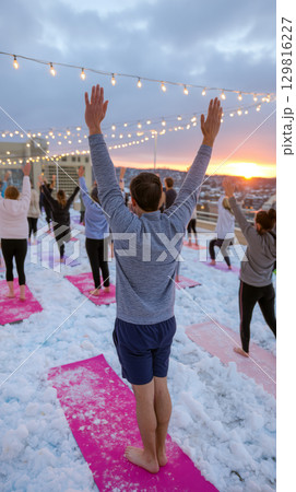 Snowy Yoga Session at Sunset 129816227