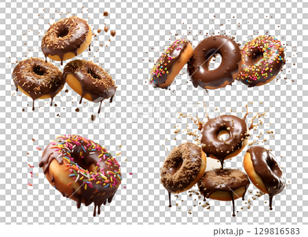 Collection of round donut doughnut, chocolate set, flying falling with sprinkles nuts topping frosting on transparent background cutout, PNG file. Many assorted different. Mockup template for artwork 129816583