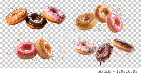 Collection of round donut doughnut, Colourful set, flying falling with sprinkles nuts topping frosting on transparent background cutout, PNG file. Many assorted different. Mockup template for artwork 129816585