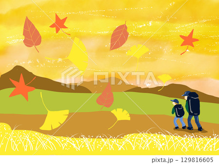 秋の紅葉を楽しむ家族 129816605