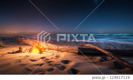 夜の砂浜と焚き火 129817119