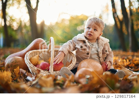 With basket of apples and pears. Little boy is sitting in the autumn park with butternut squash With basket of apples and pears. Little boy is sitting in the autumn park with butternut squash 129817164