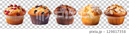 Muffin on transparent background cutout, PNG file. Many assorted different flavour,  chocolate chip, vanilla, blueberry, almond, cranberry. Mockup template for artwork design Muffin on transparent background cutout, PNG file. Many assorted different flavour,  chocolate chip, vanilla, blueberry, almond, cranberry. Mockup template for artwork design 129817358