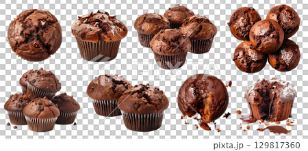 Chocolate muffin muffins on transparent background cutout, PNG file. Many assorted different design angles. Mockup template for artwork 129817360