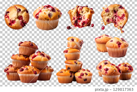 Cranberry muffin muffins on transparent background cutout, PNG file. Many assorted different design angles. Mockup template for artwork 129817363