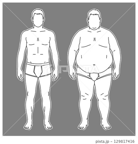 男性体型の比較図：標準体型と肥満体型（正面・線画） 129817416