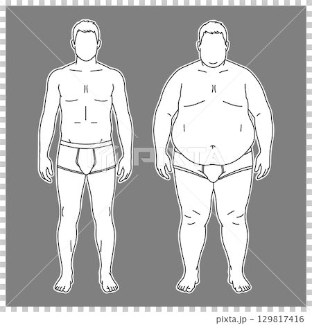 男性体型の比較図：標準体型と肥満体型（正面・線画） 129817416
