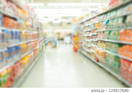 Supermarket shelf blur Background Interior Store Market Corridor Big Distribution Rack Building Grocery Shop Retail Shelves Food Mall Product Inside Hall Display Promotion, Merchandise Interior . 129817690