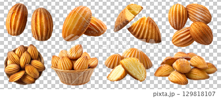 French Madeleine Sponge butter shell shape little cake pastry dessert on transparent cutout, PNG file. Many assorted different angles, stack, broken, basket, pile. Mockup template for artwork design French Madeleine Sponge butter shell shape little cake pastry dessert on transparent cutout, PNG file. Many assorted different angles, stack, broken, basket, pile. Mockup template for artwork design 129818107