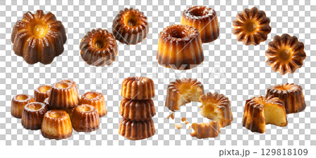 Canele small French pastry dessert on transparent cutout, PNG file. Many assorted different angles, stack, broken, top front view, pile. Mockup template for artwork design Canele small French pastry dessert on transparent cutout, PNG file. Many assorted different angles, stack, broken, top front view, pile. Mockup template for artwork design 129818109