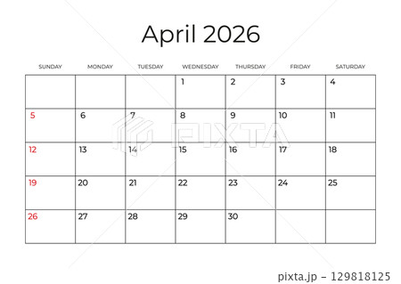 Printable Monthly Calendar template for April 2026. Week Starts on SUNDAY. Wall Calendar in a Minimalist Style. Simple and clean design. Ready to print. Vector illustration 129818125