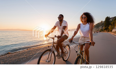 Happy african young adults biking on beach path at sunset. 129818535