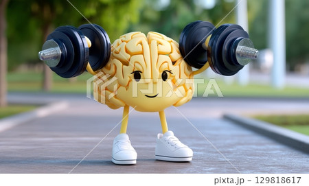 Cartoon brain lifting dumbbells in park. 129818617