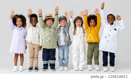 Diverse group of happy young children in various outfits showing enthusiasm. 129818621