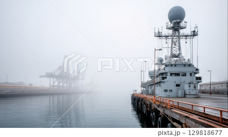Foggy morning at industrial dock with radar ship and cranes. 129818677