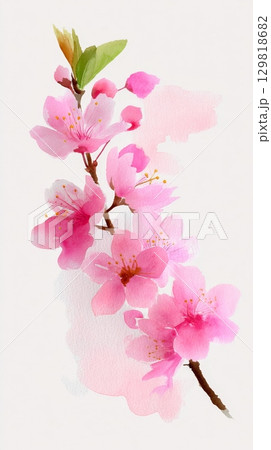 Delicate watercolor cherry blossom branch with pink petals and green leaves. Delicate watercolor cherry blossom branch with pink petals and green leaves. 129818682