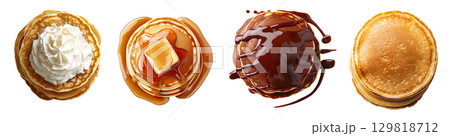 Collection of pancake stack, top view flat lay, plain, honey chocolate maple syrup, powdered icing sugar, butter, whipped cream on transparent PNG file. Many different Mockup template for design 129818712