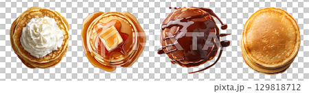 Collection of pancake stack, top view flat lay, plain, honey chocolate maple syrup, powdered icing sugar, butter, whipped cream on transparent PNG file. Many different Mockup template for design 129818712