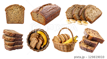 Banana bread bun loaf slice on transparent cutout, PNG file. Many assorted different angles, stack, basket, pile. Mockup template for artwork Banana bread bun loaf slice on transparent cutout, PNG file. Many assorted different angles, stack, basket, pile. Mockup template for artwork 129819010
