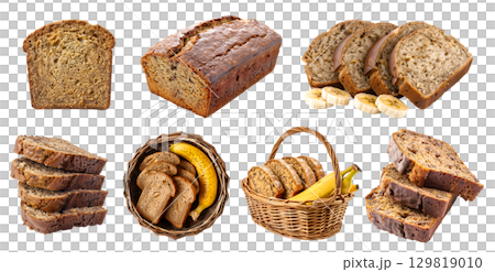 Banana bread bun loaf slice on transparent cutout, PNG file. Many assorted different angles, stack, basket, pile. Mockup template for artwork Banana bread bun loaf slice on transparent cutout, PNG file. Many assorted different angles, stack, basket, pile. Mockup template for artwork 129819010
