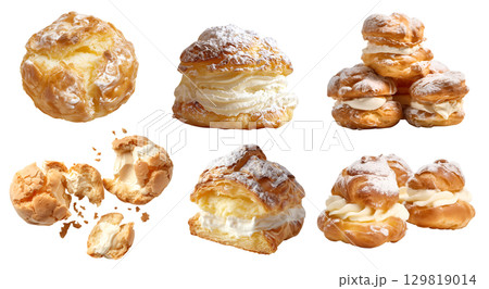 French Cream Puff, Choux pastry, Choux la bun on transparent cutout, PNG file. Many assorted different angles, stack, broken, slice, pile. Mockup template 129819014