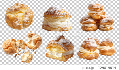 French Cream Puff, Choux pastry, Choux la bun on transparent cutout, PNG file. Many assorted different angles, stack, broken, slice, pile. Mockup template 129819014