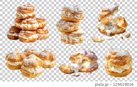 French Cream Puff, Choux pastry, Choux la bun on transparent cutout, PNG file. Many assorted different angles, stack, broken, slice, pile. Mockup template 129819016