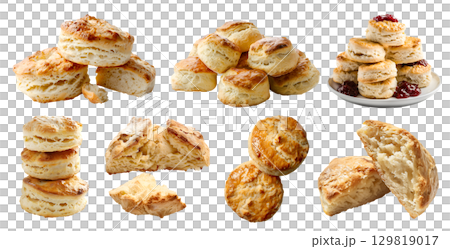 Scone biscuit bread bun on transparent cutout, PNG file. Many assorted different angles, stack, broken, pile. Mockup template for artwork Scone biscuit bread bun on transparent cutout, PNG file. Many assorted different angles, stack, broken, pile. Mockup template for artwork 129819017