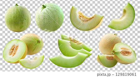 Honeydew muskmelon melon fruit, many angles and view side top front cluster stalk group cut isolated on transparent background cutout, PNG file. Mockup template for artwork graphic 129819061