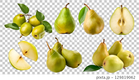 Pear pears fruit, many angles and view side top front group sliced halved cut isolated on transparent background cutout, PNG file. Mockup template 129819062
